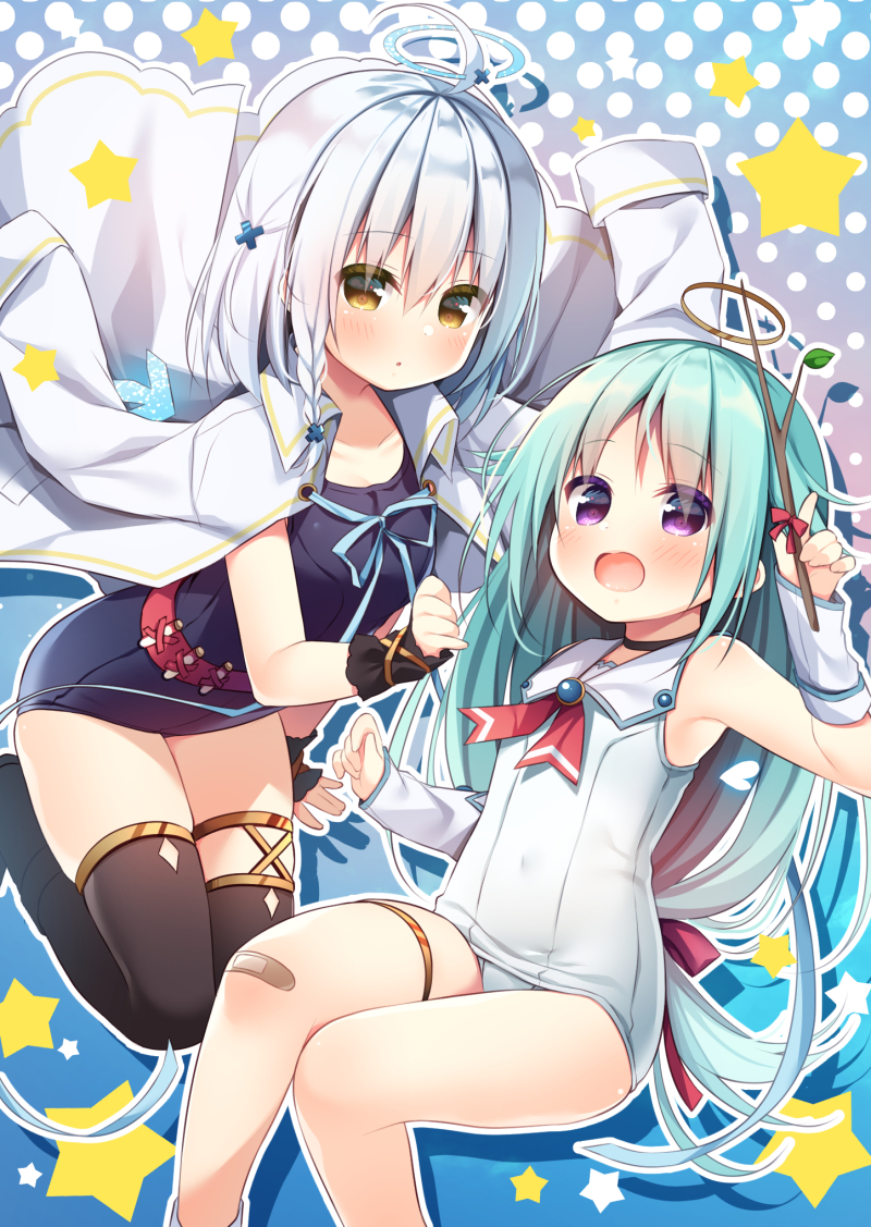 2girls :o ahoge aqua_hair bangs bare_shoulders black_legwear black_swimsuit blush braid brown_eyes commentary_request eyebrows_visible_through_hair eyes_visible_through_hair feet_out_of_frame hair_between_eyes hair_ornament halo hanamiya_natsuka holding jacket jacket_on_shoulders long_hair multiple_girls old_school_swimsuit one-piece_swimsuit open_mouth original parted_lips polka_dot polka_dot_background school_swimsuit silver_hair starry_background swimsuit thigh-highs very_long_hair violet_eyes white_jacket white_swimsuit x_hair_ornament
