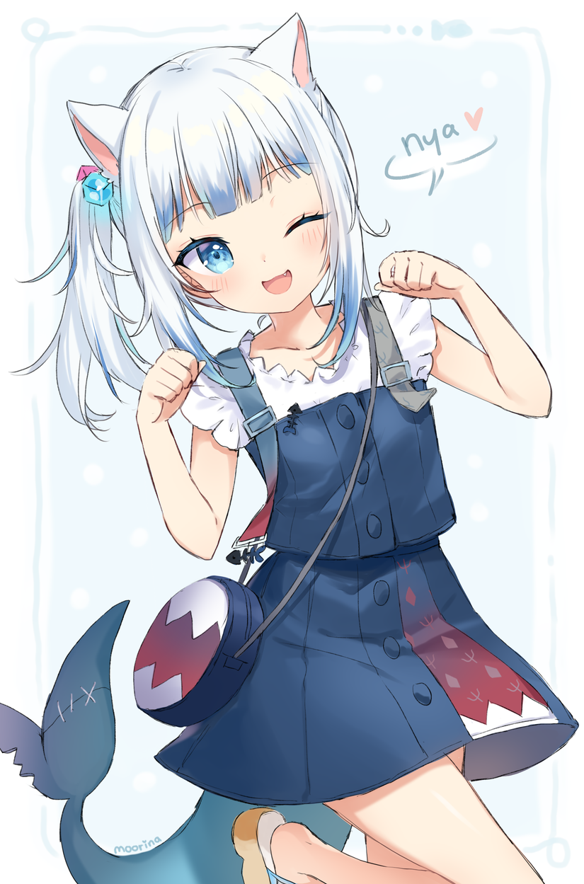 1girl ;d animal_ears bag blue_dress blue_eyes blue_hair blush brown_footwear cat_ears collarbone commentary dress english_commentary fish_tail gawr_gura hair_cubes hair_ornament hands_up heart highres hololive hololive_english leaning_to_the_side moorina multicolored_hair one_eye_closed open_mouth paw_pose romaji_text sandals shark_tail shirt shoulder_bag side_ponytail silver_hair sleeveless sleeveless_dress smile solo standing standing_on_one_leg streaked_hair tail virtual_youtuber white_shirt