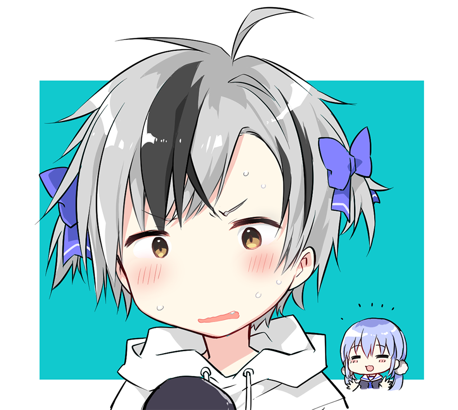 1boy 1girl =_= alternate_hairstyle black_hair black_shirt blue_background blue_bow blue_hair blue_neckwear blush bow brown_eyes closed_eyes drawstring fang grey_hair hair_bow hand_mirror hood hood_down hoodie kamiyoshi_rika long_hair mirror multicolored_hair nijisanji parted_lips sailor_collar shirt solo_focus streaked_hair suzuki_masaru sweat twintails two-tone_background two_side_up upper_body virtual_youtuber wavy_mouth white_background white_hoodie white_sailor_collar yuuki_chihiro