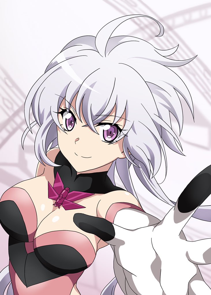 1girl ahoge breasts dutch_angle elbow_gloves emmxd325 gloves grey_hair looking_at_viewer medium_breasts outstretched_arms senki_zesshou_symphogear smile solo violet_eyes white_background yukine_chris