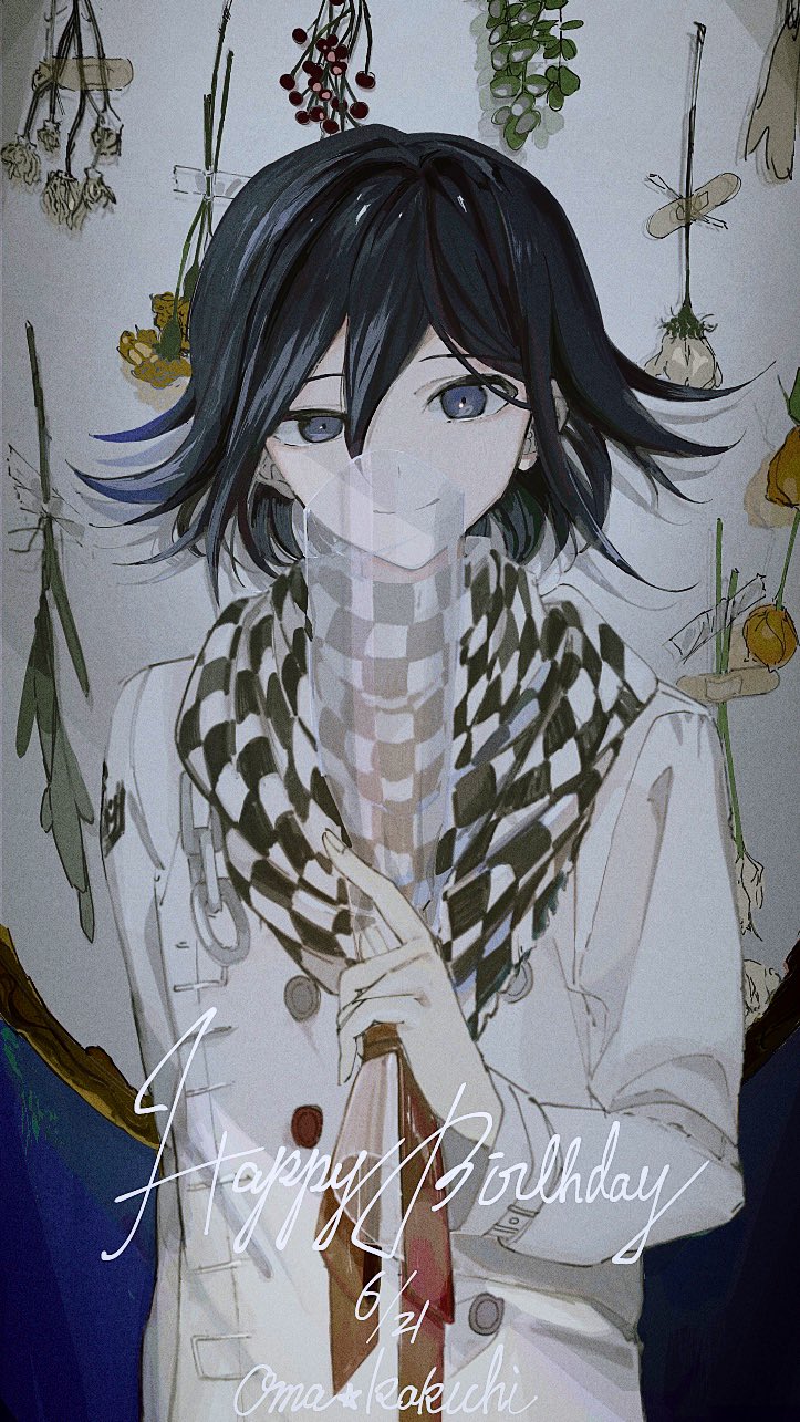 1boy arm_at_side bangs black_hair checkered checkered_neckwear checkered_scarf closed_mouth commentary_request dangan_ronpa_(series) dangan_ronpa_v3:_killing_harmony dated hair_between_eyes hand_up happy_birthday highres holding if_(toutoi0621) jacket long_sleeves looking_at_viewer male_focus ouma_kokichi purple_hair scarf short_hair smile solo torn_scarf upper_body white_jacket