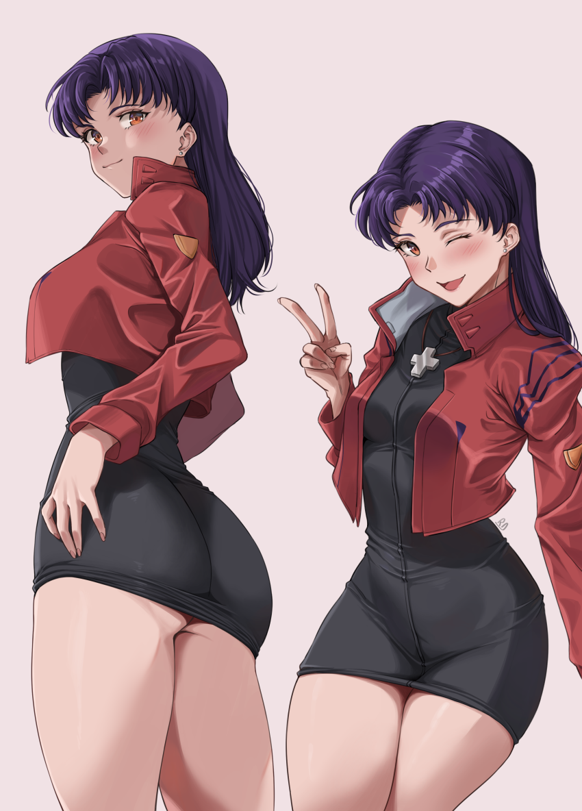 1girl ;d ass black_dress blush closed_mouth cropped_jacket dress earrings grey_background hand_on_hip jacket jewelry katsuragi_misato long_hair long_sleeves looking_at_viewer looking_back multiple_views necklace neon_genesis_evangelion one_eye_closed open_clothes open_jacket open_mouth orange_eyes purple_hair red_jacket ryudraw short_dress signature simple_background sitting smile stud_earrings v