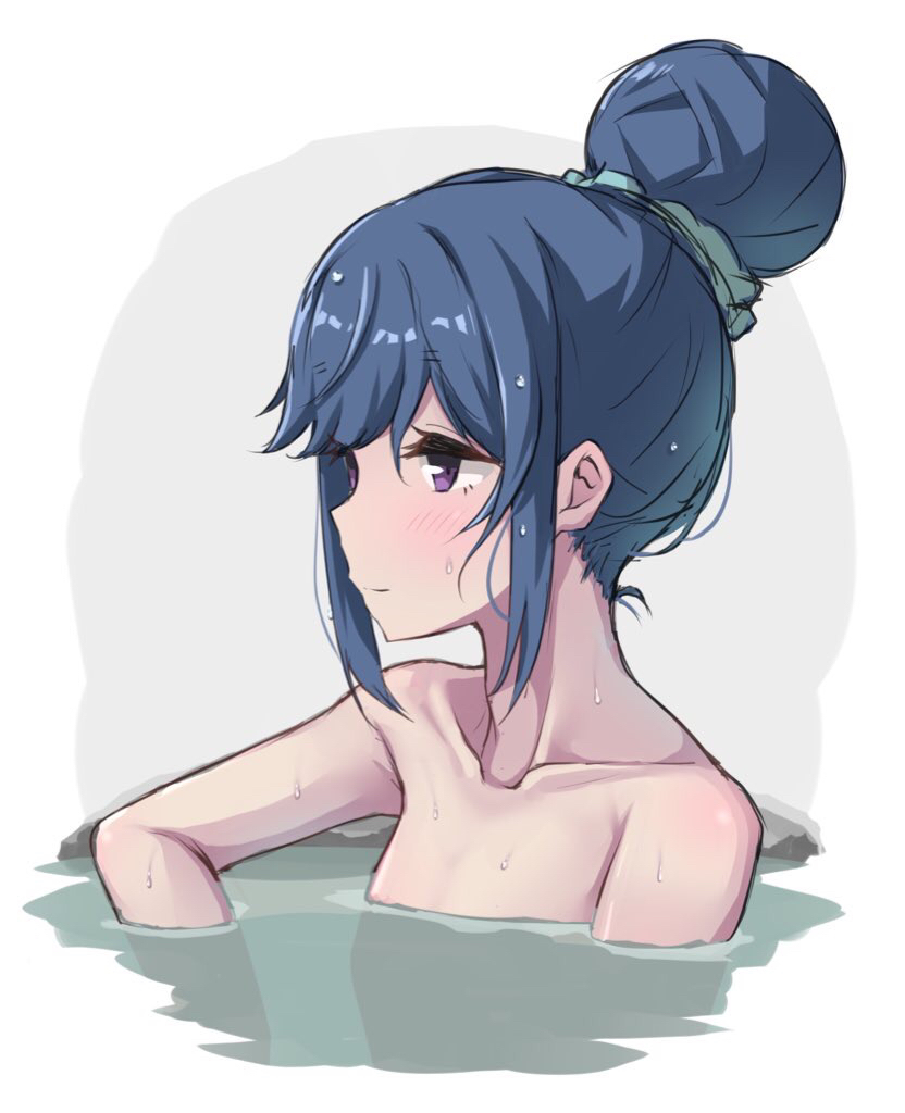 1girl bathing blue_hair hair_bun nude onsen shima_rin solo tamusuguru violet_eyes wet yurucamp