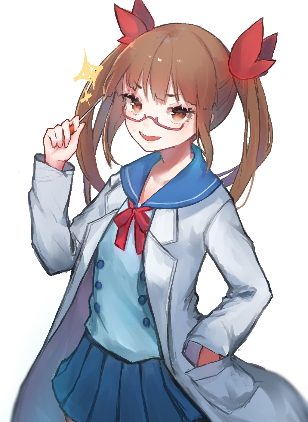 1girl after_suko bangs blue_sailor_collar blue_skirt brown_eyes brown_hair glasses hair_ribbon hand_in_pocket highres idolmaster idolmaster_cinderella_girls idolmaster_cinderella_girls_starlight_stage ikebukuro_akiha labcoat long_hair long_sleeves open_mouth pleated_skirt red-framed_eyewear red_ribbon ribbon sailor_collar simple_background skirt solo twintails white_background