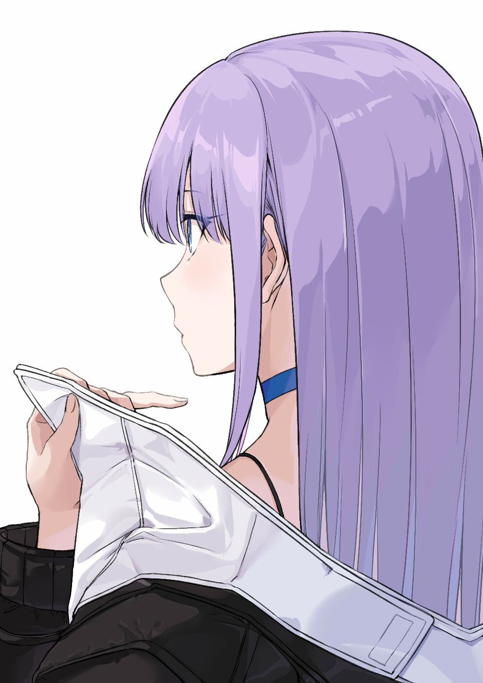 1girl bangs blue_choker blue_eyes choker closed_mouth coffeekite fate/grand_order fate_(series) from_behind highres long_hair long_sleeves meltryllis_(fate) meltryllis_(swimsuit_lancer)_(fate) off_shoulder open_clothes profile purple_hair sidelocks simple_background solo straight_hair undressing upper_body white_background