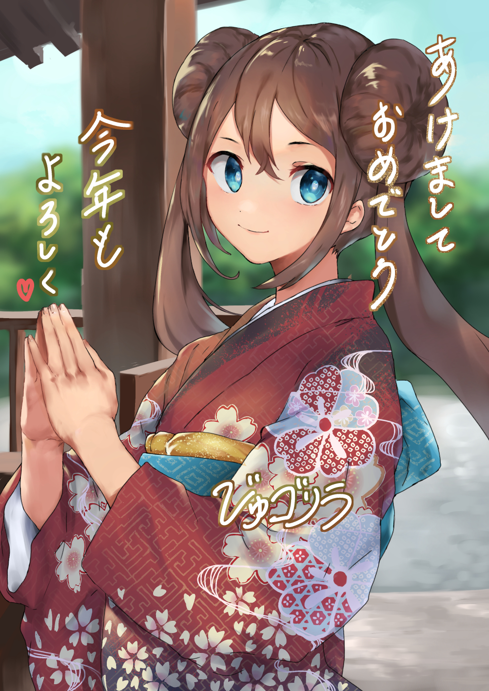 1girl alternate_costume bangs blue_eyes blurry blush brown_hair closed_mouth commentary_request day double_bun floral_print hair_between_eyes hands_together hands_up heart highres japanese_clothes jyu_gorilla kimono long_hair looking_at_viewer outdoors pokemon pokemon_(game) pokemon_bw2 red_kimono rosa_(pokemon) sash shiny shiny_hair sky smile solo steepled_fingers translation_request twintails