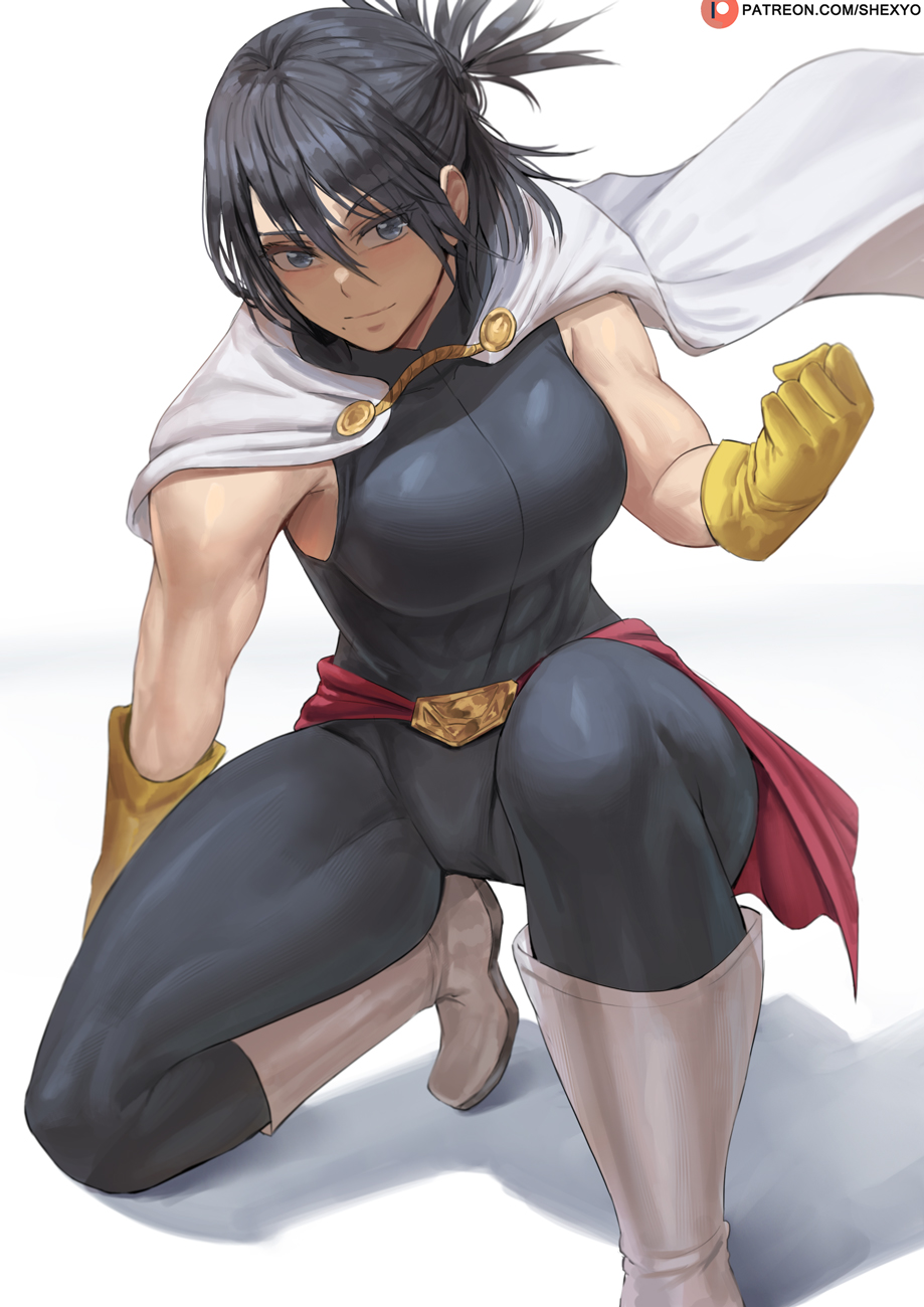 1girl black_hair blue_eyes boku_no_hero_academia boots breasts cape commentary highres kneeling large_breasts light_smile mole mole_under_mouth shexyo shimura_nana short_hair simple_background solo tied_hair white_background white_footwear