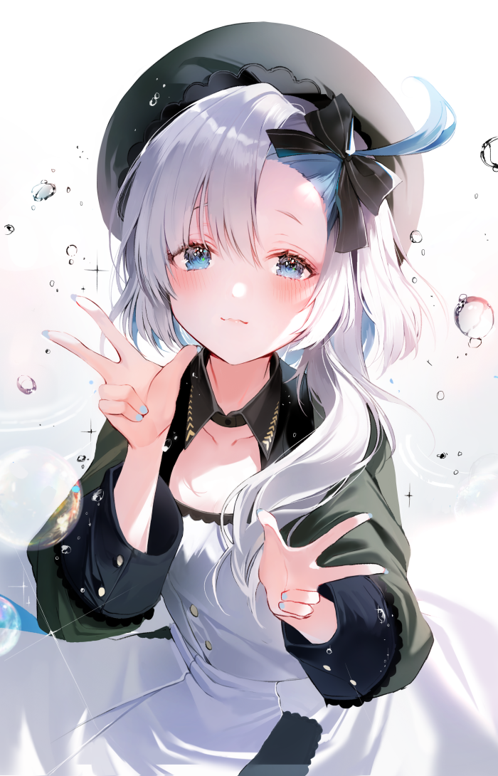 1girl 2sham azur_lane bangs beret black_headwear black_jacket blue_eyes blue_nails blush closed_mouth double_w dress gradient gradient_background grey_background hair_between_eyes hands_up hat jacket libeccio_(azur_lane) long_hair long_sleeves looking_at_viewer nail_polish parted_bangs smile solo w water_drop white_background white_dress white_hair