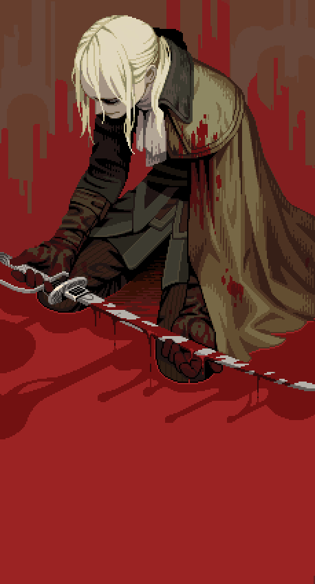1girl blonde_hair blood blood_splatter bloodborne bloody_clothes bloody_weapon cape coat food gloves holding holding_food lady_maria_of_the_astral_clocktower pixel_art rakuyo_(bloodborne) shroedinger solo sword the_old_hunters weapon