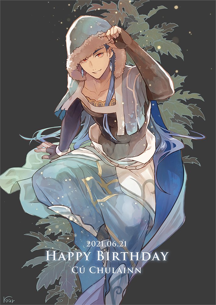 1boy abs belt blue_hair bracelet cape closed_mouth collarbone cu_chulainn_(caster)_(fate) cu_chulainn_(fate)_(all) dated earrings fate/grand_order fate_(series) greaves happy_birthday harem_pants hood hood_up hooded_cape jewelry leaf long_hair looking_at_viewer male_focus muscular muscular_male pants red_eyes ro_(pixiv34009774) sitting slit_pupils smile solo
