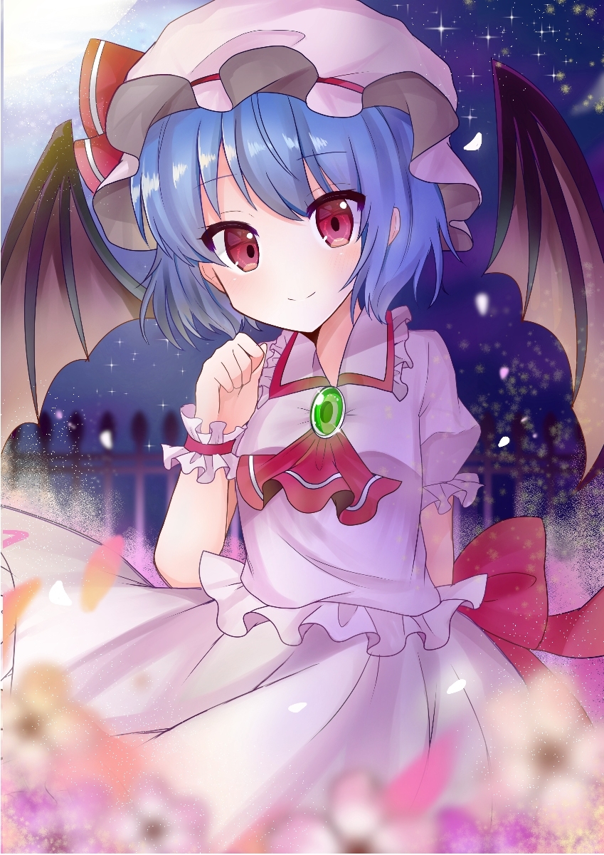 1girl bangs bat_wings blue_hair blush brooch closed_mouth commentary_request detached_wings disconnected_mouth doko_ka_no_hosono eyebrows_visible_through_hair frilled_shirt_collar frilled_sleeves frills hair_between_eyes hat hat_ribbon highres jewelry looking_at_viewer mob_cap pink_shirt pink_skirt puffy_short_sleeves puffy_sleeves red_eyes red_ribbon remilia_scarlet ribbon shiny shiny_hair shirt short_hair short_sleeves skirt smile solo touhou upper_body wings wrist_cuffs