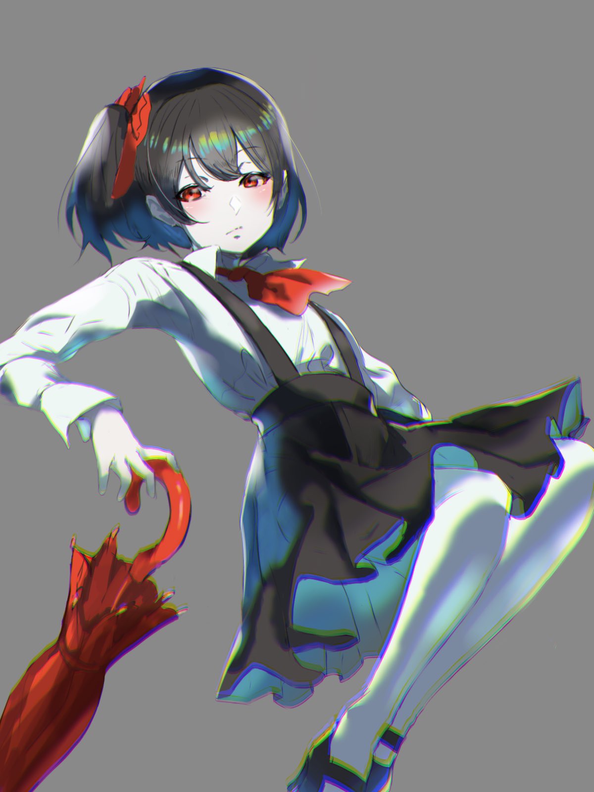 1girl ascot bangs black_footwear black_hair black_skirt blush chromatic_aberration closed_mouth collared_shirt colored_skin commentary cookie_(touhou) eyebrows_visible_through_hair full_body hair_ribbon high_heels highres holding holding_umbrella johnnyyyyy long_sleeves looking_at_viewer red_eyes red_neckwear red_ribbon ribbon shirt side_ponytail simple_background siyudi_(cookie) skirt solo suspender_skirt suspenders umbrella white_shirt white_skin