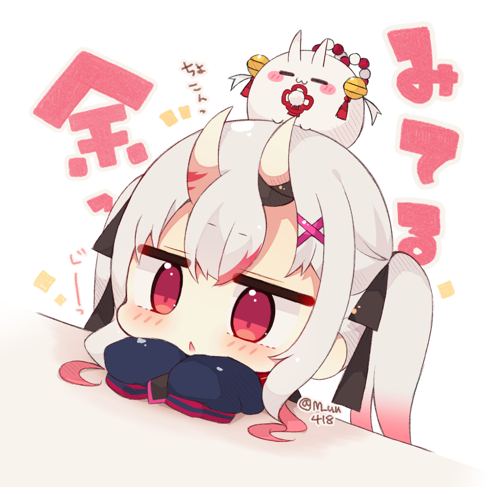 1girl :&lt; :3 bell black_bow blush blush_stickers bow chibi closed_eyes closed_mouth gradient_hair grey_hair hair_bow hair_ornament hairclip hands_up hololive horns jingle_bell long_hair long_sleeves multicolored_hair muuran nakiri_ayame on_head oni oni_horns parted_lips red_eyes redhead shiranui_(nakiri_ayame) sidelocks simple_background sleeves_past_fingers sleeves_past_wrists sparkle streaked_hair translation_request triangle_mouth twintails twitter_username virtual_youtuber white_background x_hair_ornament