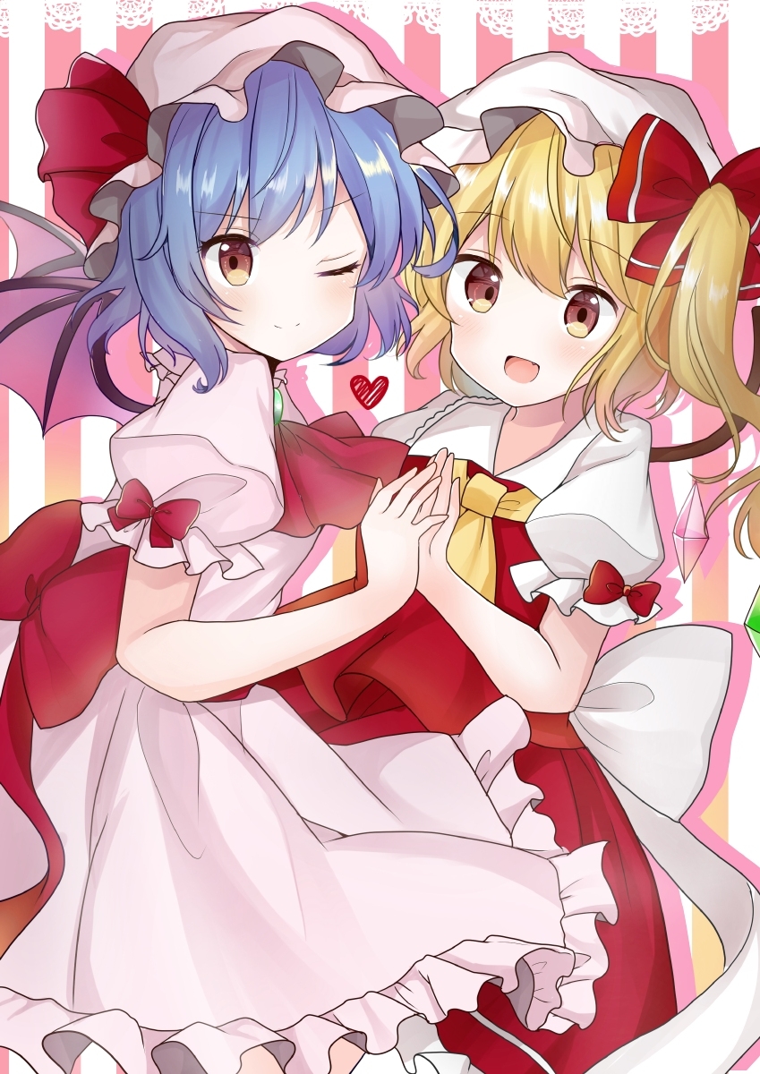 2girls ascot bangs bat_wings blonde_hair blue_hair blush bow brooch closed_mouth commentary_request cravat crystal doko_ka_no_hosono dress eyebrows_visible_through_hair fang feet_out_of_frame flandre_scarlet frilled_shirt_collar frilled_sleeves frills hair_between_eyes hat hat_ribbon heart highres holding_hands jewelry looking_at_viewer medium_hair mob_cap multiple_girls one_eye_closed one_side_up open_mouth pink_background pink_dress pink_headwear puffy_short_sleeves puffy_sleeves red_bow red_eyes red_ribbon red_skirt red_vest remilia_scarlet ribbon shiny shiny_hair shirt short_hair short_sleeves siblings sisters skirt sleeve_bow smile striped striped_background touhou two-tone_background vest white_background white_bow white_headwear white_shirt wings yellow_neckwear