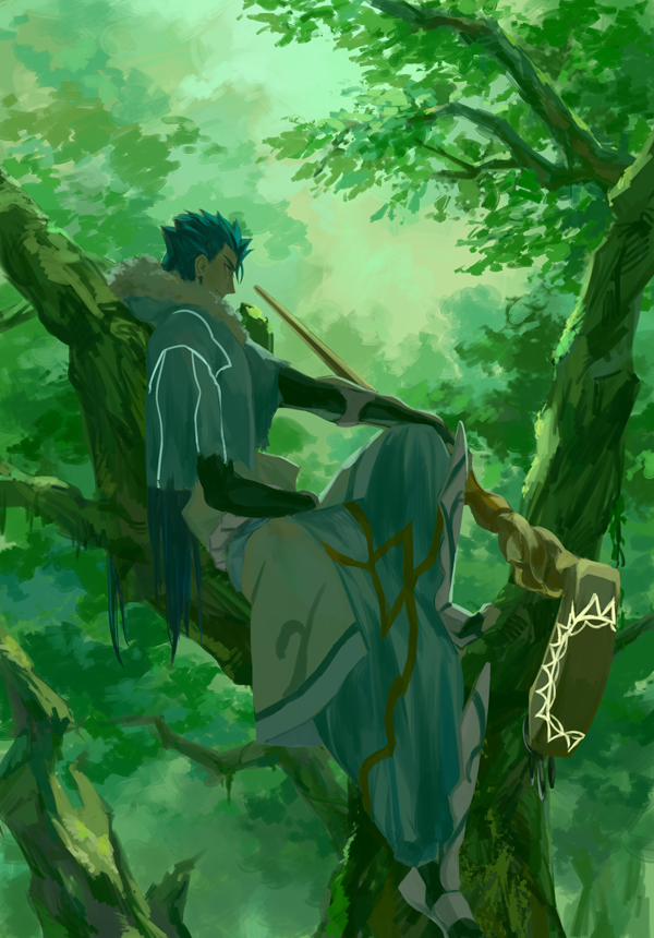 1boy automney belt blue_hair capelet cu_chulainn_(caster)_(fate) cu_chulainn_(fate)_(all) fate/grand_order fate_(series) from_side fur-trimmed_hood fur_trim greaves harem_pants holding holding_staff hood hood_down hooded_capelet in_tree long_hair male_focus pants red_eyes sitting sitting_in_tree solo spiky_hair staff tree wooden_staff