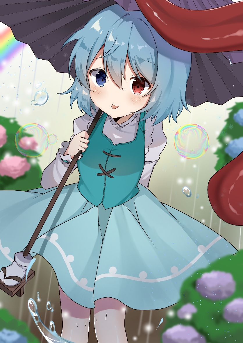 1girl bangs blue_eyes blue_flower blue_hair blue_skirt blue_vest blush bubble closed_mouth commentary_request doko_ka_no_hosono eyebrows_visible_through_hair feet_out_of_frame flower hair_between_eyes heterochromia holding holding_umbrella karakasa_obake long_sleeves looking_at_viewer pink_flower purple_flower rain rainbow red_eyes shirt short_hair skirt solo tatara_kogasa tongue tongue_out touhou umbrella vest water white_shirt