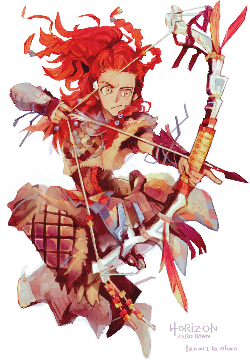 1girl aiming aloy_(horizon) armor arrow_(projectile) artist_name beads bow_(weapon) braid commentary_request copyright_name forehead freckles full_body greaves green_eyes hair_beads hair_ornament hairlocs headset highres horizon_zero_dawn jewelry jumping leather_armor long_hair multiple_braids necklace oboro_(kazegoyomi) redhead solo tribal vambraces weapon white_background