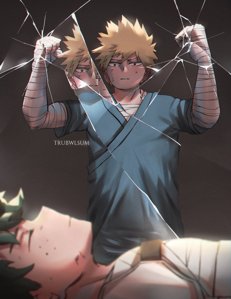 2boys bakugou_katsuki bandage_on_face bandaged_arm bandaged_hands bandaged_leg bandages bangs black_background blonde_hair boku_no_hero_academia broken_glass commentary english_commentary freckles from_side glass gradient gradient_background green_hair grey_background highres hospital_gown looking_at_another male_focus midoriya_izuku multiple_boys spiky_hair trubwlsum twitter_username