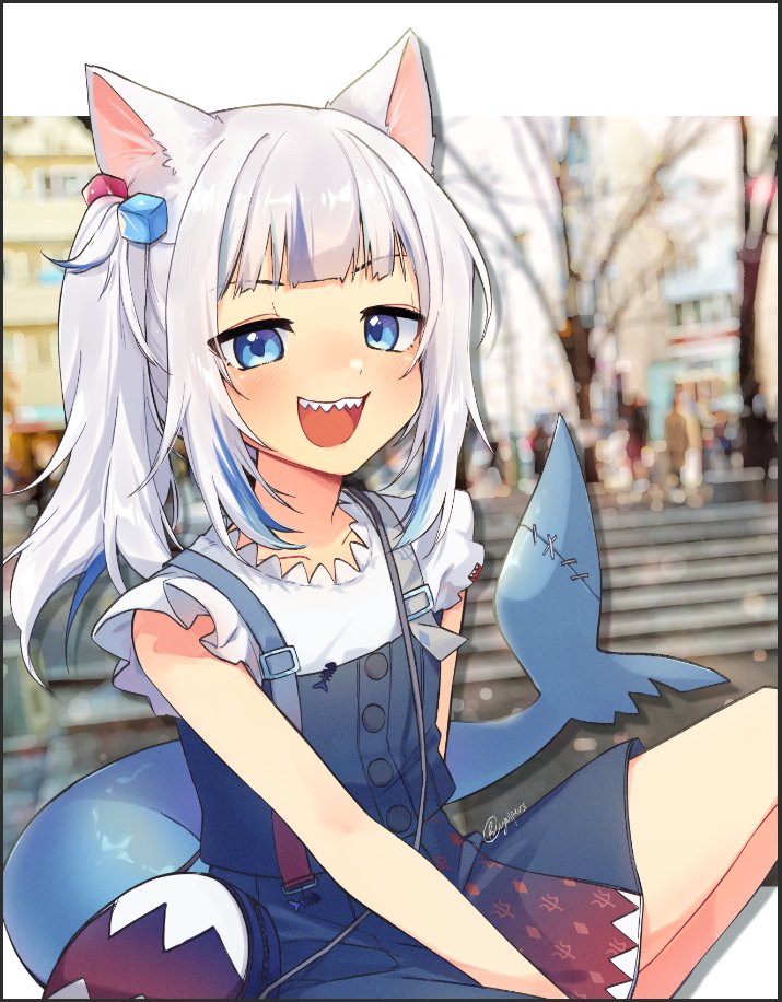 1girl animal_ears bangs blue_dress blue_hair blush cat_ears collarbone dress english_commentary eyebrows_behind_hair fish_tail gawr_gura hololive hololive_english kemonomimi_mode multicolored_hair open_mouth shark_tail sharp_teeth shirt side_ponytail silver_hair sitting smile smug solo stitches streaked_hair tail teeth virtual_youtuber vyolfers white_shirt