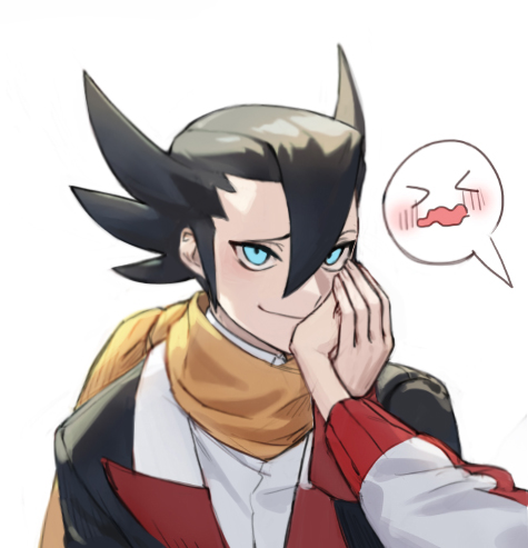 &gt;_&lt; 1boy 1girl bangs black_hair black_jacket blue_eyes blush closed_mouth commentary_request elite_four grimsley_(pokemon) hair_between_eyes hand_on_another's_cheek hand_on_another's_face hetero jacket long_sleeves lowres mongguri original pokemon pokemon_(game) pokemon_bw scarf smile spiky_hair upper_body wavy_mouth yellow_scarf