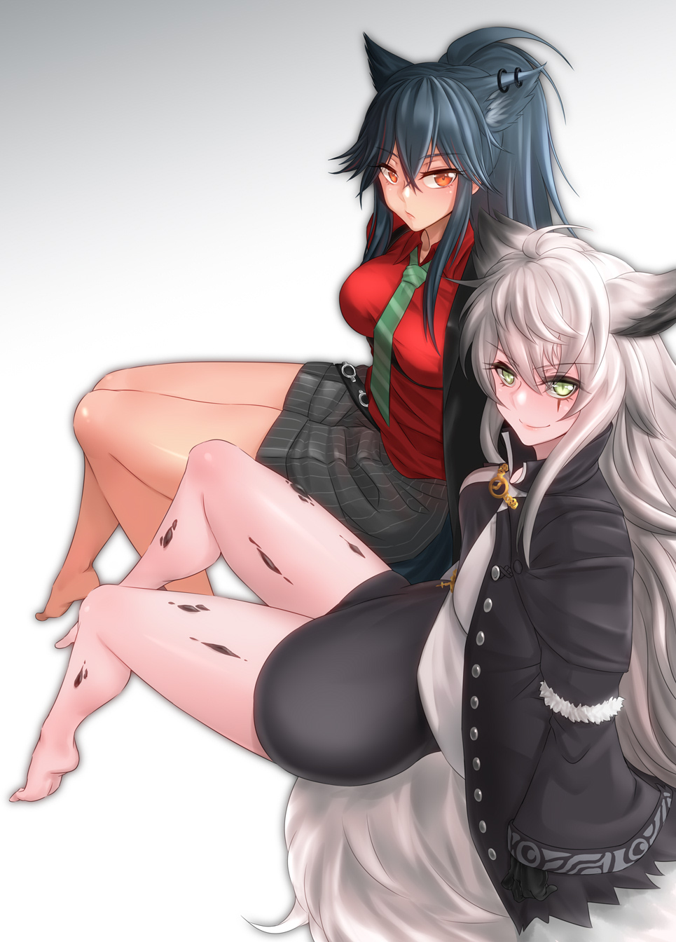 2girls animal_ears arknights bare_legs barefoot belt black_belt black_coat black_dress black_gloves black_hair black_jacket black_shorts black_suit breasts chinese_commentary closed_mouth coat collared_shirt dress dress_shirt ear_piercing english_commentary expressionless eyebrows_visible_through_hair eyelashes from_side full_body fur_trim gloves gradient gradient_background green_eyes green_neckwear grey_background hair_between_eyes highres invisible_chair jacket lappland_(arknights) lappland_(refined_horrormare)_(arknights) lips long_hair long_sleeves looking_at_viewer medium_breasts mixed-language_commentary multicolored_hair multiple_girls necktie official_alternate_costume open_clothes open_coat open_jacket orange_eyes oripathy_lesion_(arknights) pencil_dress piercing ponytail red_shirt redhead scar scar_across_eye shirt short_dress short_shorts shorts sidelocks silver_hair simple_background sitting smile streaked_hair striped striped_neckwear tail tan texas_(arknights) texas_(willpower)_(arknights) thighs two-tone_hair vertical-striped_shorts vertical_stripes wavy_hair wing_collar wolf_ears wolf_tail yamauchi_(conan-comy)