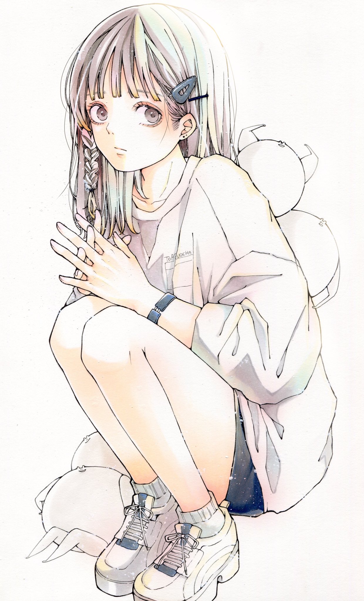 1girl black_shorts braid grey_eyes grey_hair hair_behind_ear hair_ornament hairclip hands_together highres long_hair long_sleeves original shirt shoes shorts simple_background socks solo squatting toaruocha white_background white_footwear white_legwear white_shirt