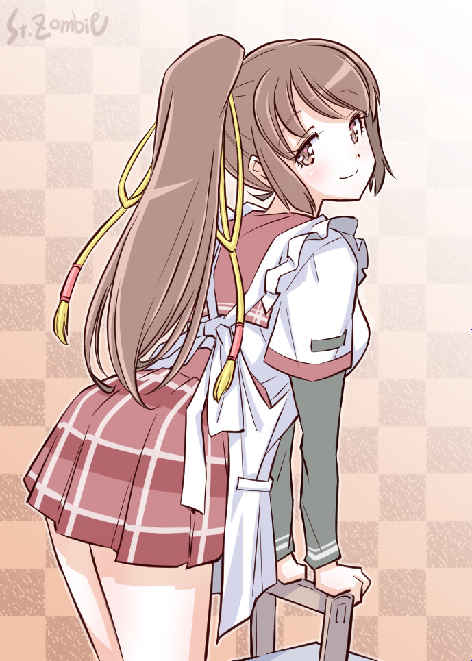 1girl apron arm_support artist_name bent_over black_background breasts brown_eyes brown_hair checkered checkered_background closed_mouth cowboy_shot dot_nose eyebrows_visible_through_hair eyelashes frilled_apron frills half-closed_eyes head_tilt kamihama_university_affiliated_school_uniform layered_sleeves legs_together light_blush light_smile long_eyelashes long_sleeves looking_at_viewer looking_back magia_record:_mahou_shoujo_madoka_magica_gaiden mahou_shoujo_madoka_magica orange_background plaid plaid_skirt pleated_skirt red_skirt school_uniform shiny shiny_hair short_over_long_sleeves short_sleeves side_ponytail sideboob skirt small_breasts solo standing studiozombie tassel thighs two-tone_background vignetting white_apron yui_tsuruno