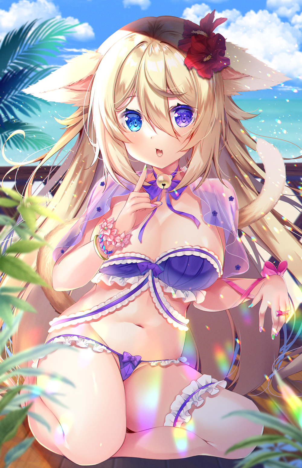 1girl animal_ears bangs barefoot bell bikini blonde_hair blue_eyes blue_nails blurry blurry_foreground bow breasts capelet choker commentary_request day eyebrows_visible_through_hair flower frilled_bikini frills green_nails groin hair_between_eyes hair_flower hair_ornament hand_up heterochromia highres jingle_bell ko_yu large_breasts leg_garter long_hair looking_at_viewer multicolored multicolored_nails nail_polish navel neck_bell open_mouth original outdoors palm_leaf pink_flower plant purple_bikini purple_bow purple_capelet purple_nails purple_ribbon red_flower ribbon ribbon_choker sitting sky solo stomach swimsuit tail tail_raised toenail_polish very_long_hair violet_eyes wrist_flower wristband