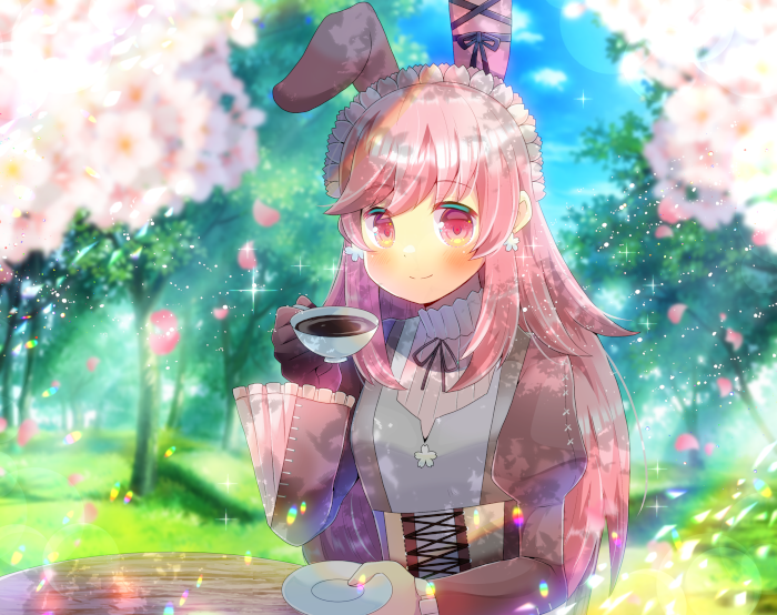 1girl animal_ears bangs black_gloves blurry blurry_background blurry_foreground blush character_request closed_mouth commentary_request cup day depth_of_field eyebrows_visible_through_hair gloves holding holding_cup holding_saucer indie_virtual_youtuber juliet_sleeves kouu_hiyoyo long_hair long_sleeves looking_at_viewer outdoors petals pink_hair puffy_sleeves rabbit_ears red_eyes ribbed_sweater saucer single_glove smile solo sweater tree upper_body very_long_hair virtual_youtuber white_sweater