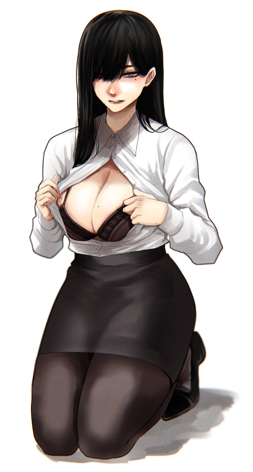 1girl bangs black_bra black_hair black_legwear blush bra breasts hair_between_eyes hair_over_one_eye highres hoshi_san_3 large_breasts long_hair looking_at_viewer mole mole_on_breast mole_under_eye original pantyhose shirt shoes skirt solo underwear white_shirt