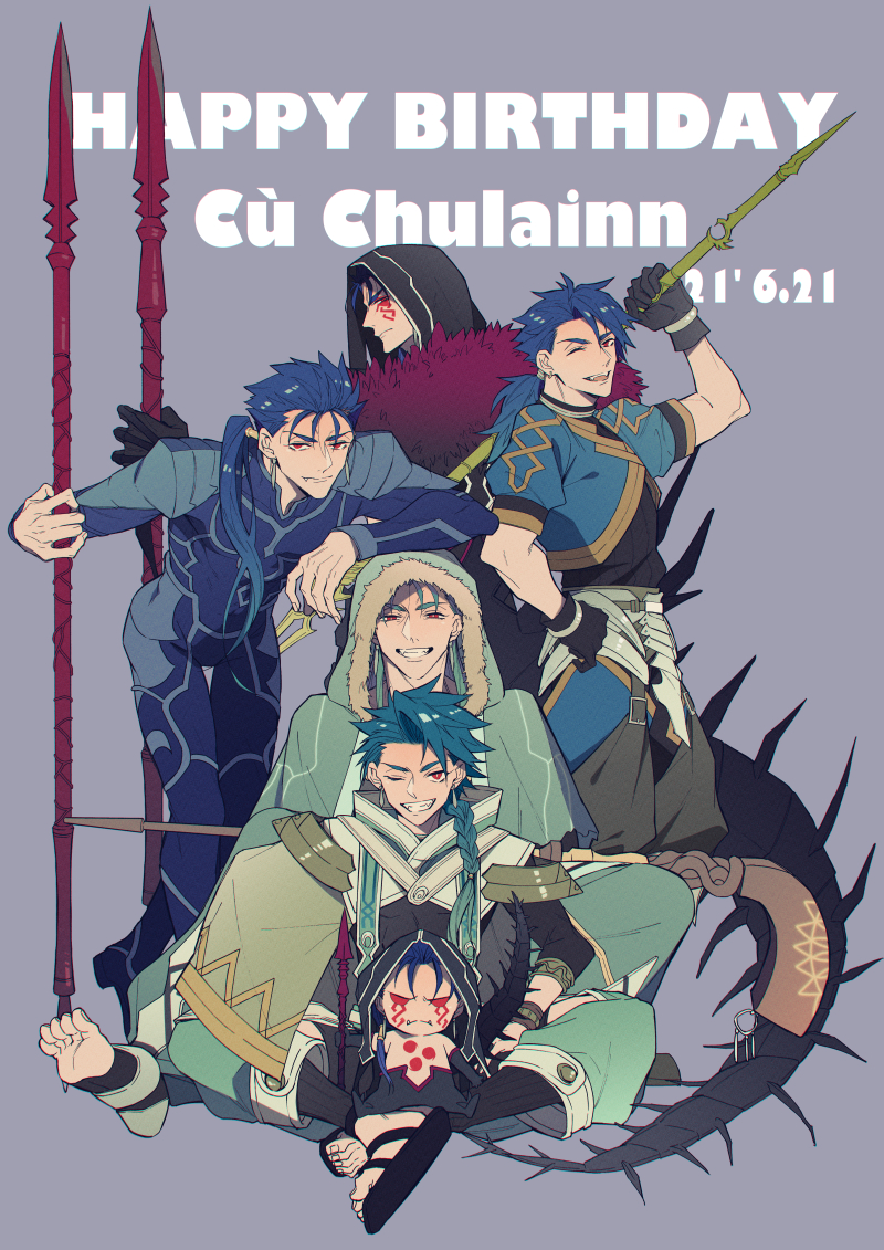 6+boys ;d arm_on_head armor asymmetrical_clothes bangs black_gloves blue_bodysuit blue_hair bodysuit braid character_name chest_tattoo chibi closed_eyes cu_chulainn_(caster)_(fate) cu_chulainn_(fate)_(all) cu_chulainn_(fate/prototype) cu_chulainn_(fate/stay_night) cu_chulainn_alter_(fate/grand_order) dated earrings facial_mark fangs fate/grand_order fate/grand_order_arcade fate/prototype fate/stay_night fate_(series) gae_bolg_(fate) gloves grin hair_over_shoulder hair_strand hand_on_hip happy_birthday holding holding_spear holding_weapon hood jewelry leaning_forward long_hair looking_at_viewer male_focus mini_cu-chan_(fate) mitsudomoe_(shape) monster_boy multiple_boys one_eye_closed open_mouth parted_bangs polearm ponytail purple_background red_eyes sandals setanta_(fate) simple_background single_braid smile spear spiked_tail tail tattoo thigh_gap toeless_legwear tomoe_(symbol) weapon x-r5xxxlove