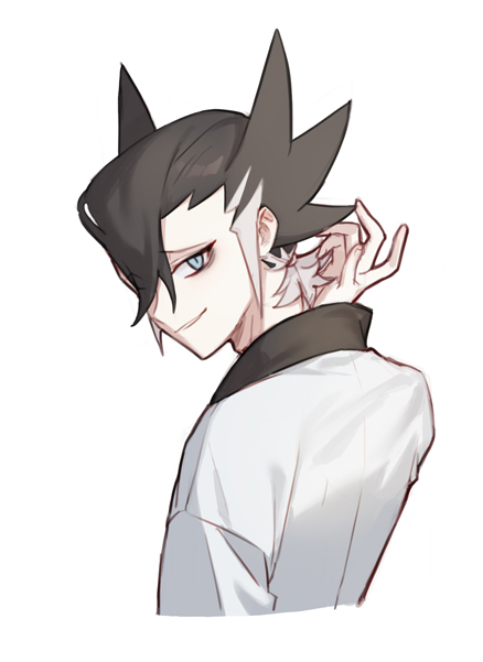 1boy bangs blue_eyes brown_hair commentary_request grimsley_(pokemon) hair_between_eyes hair_tie hand_up korean_commentary looking_at_viewer looking_back male_focus mongguri parted_lips pokemon pokemon_(game) pokemon_sm raised_eyebrows simple_background smile solo spiky_hair tied_hair white_background