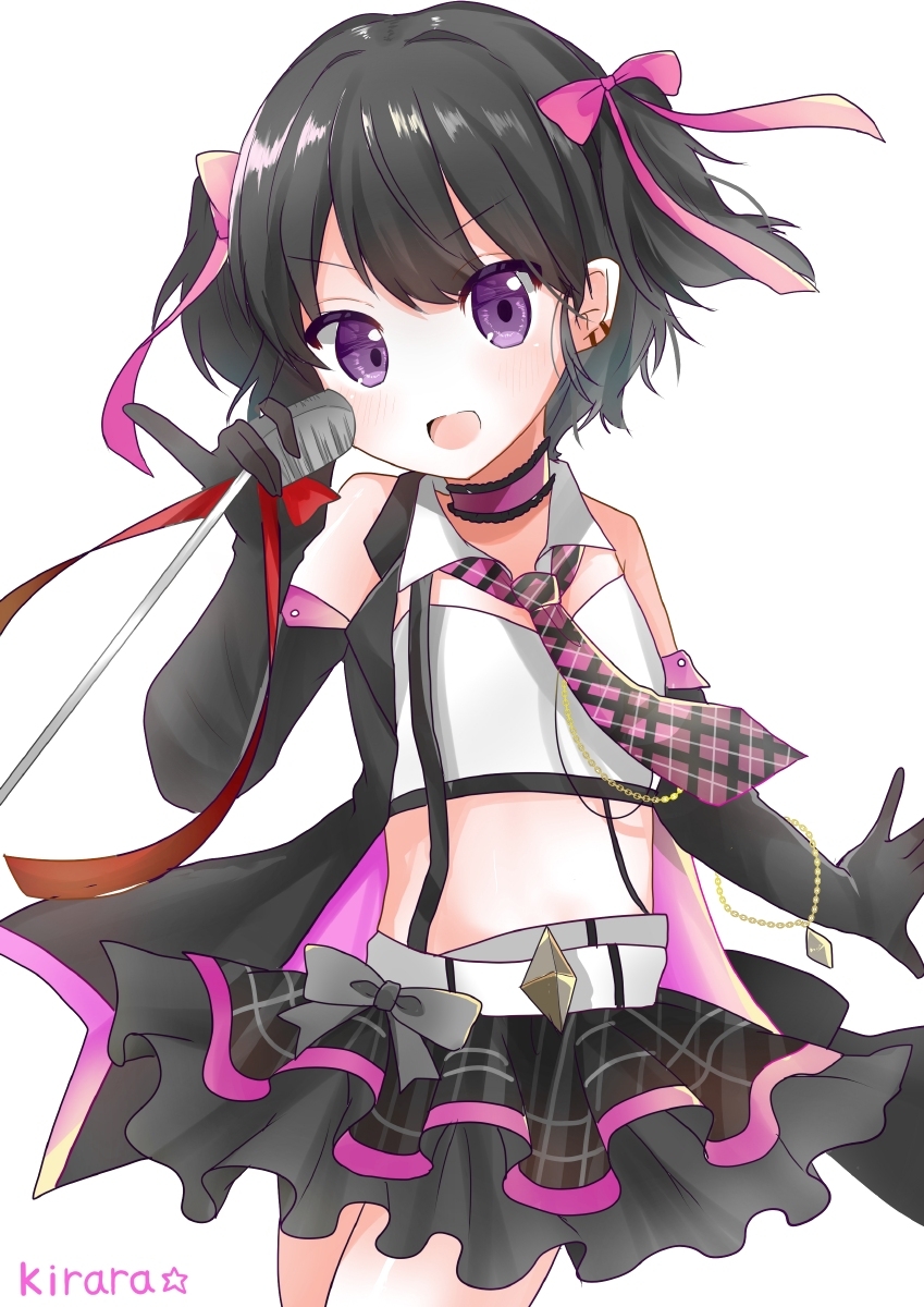 1girl bangs black_gloves black_hair black_jacket black_neckwear black_skirt blush bow commentary_request cowboy_shot crop_top doko_ka_no_hosono elbow_gloves eyebrows_visible_through_hair gloves hair_between_eyes hair_bow highres holding holding_microphone idol jacket jewelry looking_at_viewer microphone miniskirt necktie open_mouth original pendant pink_bow pink_neckwear shirt short_hair simple_background skirt sleeveless sleeveless_shirt solo two-tone_neckwear two_side_up violet_eyes white_background white_shirt