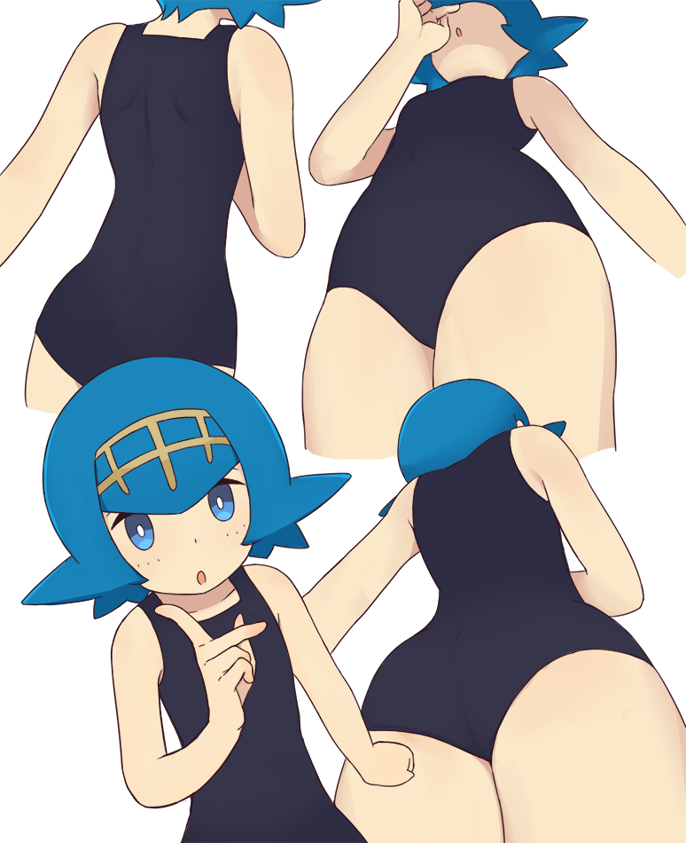 1girl :o bangs bare_arms black_swimsuit blue_eyes blue_hair breasts bright_pupils clenched_hand collarbone commentary freckles hairband hand_up index_finger_raised lana_(pokemon) looking_at_viewer multiple_views no_sclera one-piece_swimsuit pokemon pokemon_(game) pokemon_sm short_hair shoulder_blades simple_background squid_neetommy swimsuit trial_captain white_background white_pupils yellow_hairband