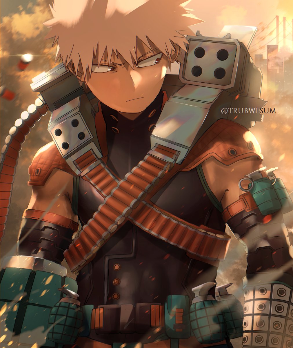 1boy armor bakugou_katsuki bangs belt blonde_hair blurry blurry_background bodysuit boku_no_hero_academia closed_mouth commentary day english_commentary explosive frown grenade gun highres holding male_focus outdoors red_eyes shoulder_armor solo spiky_hair tree trubwlsum upper_body weapon
