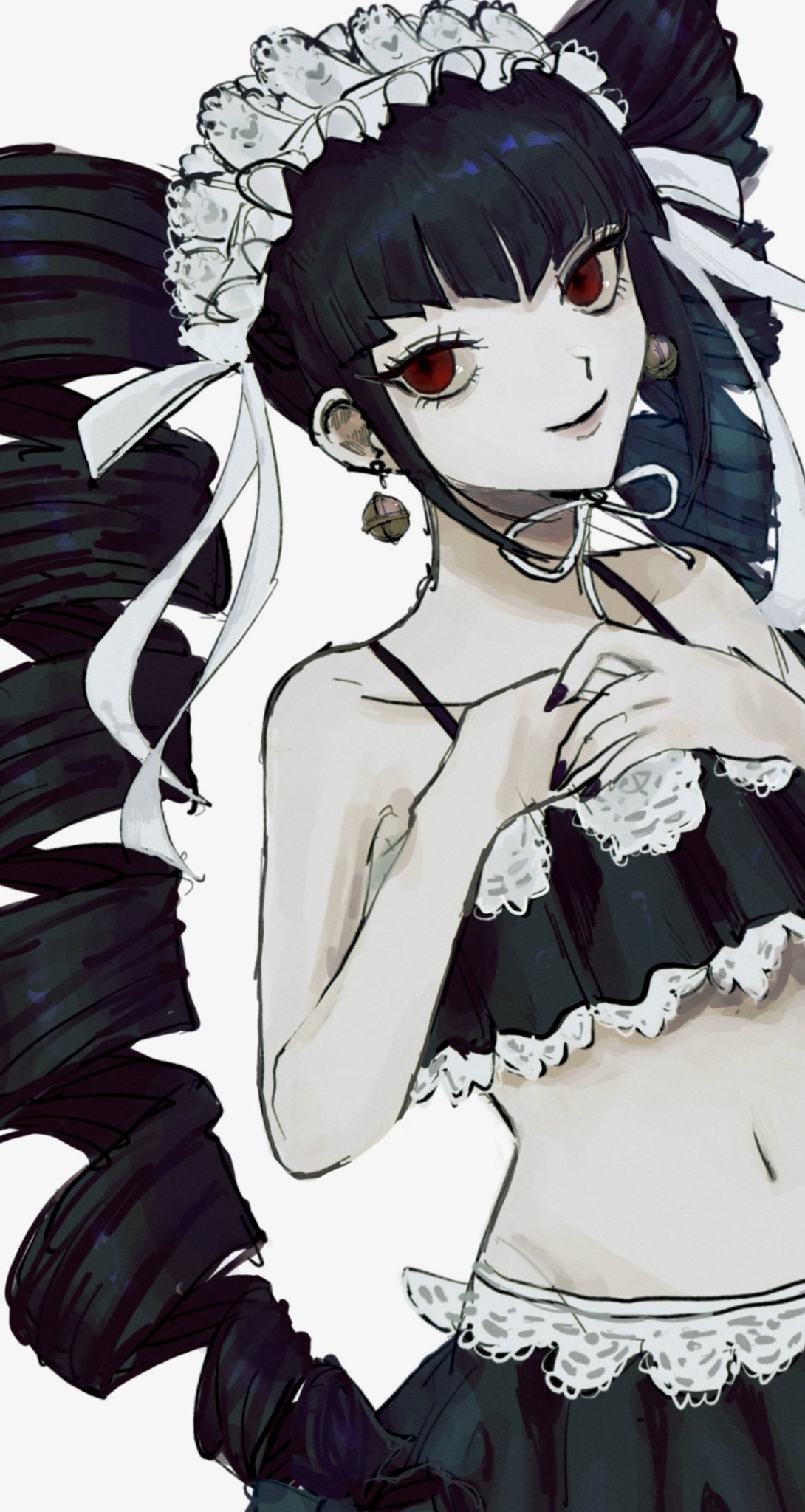 1girl bangs bare_shoulders black_hair black_nails bonnet celestia_ludenberg collarbone dangan_ronpa:_trigger_happy_havoc dangan_ronpa_(series) drill_hair earrings frills gothic_lolita hairband highres jewelry lolita_fashion lolita_hairband long_hair looking_at_viewer nail_polish navel red_eyes sema_(vivaviva_02) simple_background smile solo stomach symbol_commentary twin_drills twintails