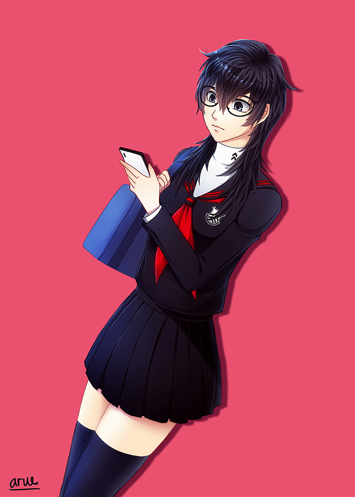 1girl amamiya_ren artist_name aruetsuto atlus bag bangs black_hair black_legwear black_skirt closed_mouth cute english_commentary expressionless feet_out_of_frame genderswap genderswap_(mtf) glasses holding holding_bag holding_phone jacket long_hair long_sleeves looking_at_phone megami_tensei pantyhose persona persona_5 phone pleated_skirt red_background red_sailor_collar sailor_collar school_uniform sega shadow shirt shuujin_academy_uniform simple_background skirt solo white_shirt