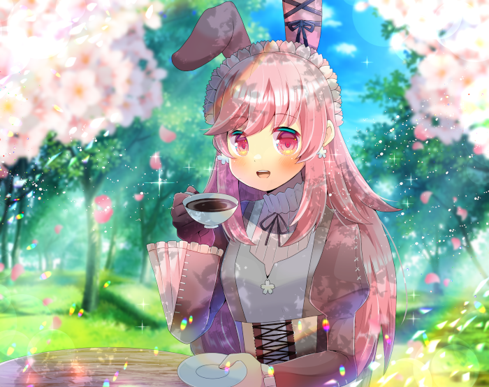 1girl :d animal_ears bangs black_gloves blurry blurry_background blurry_foreground blush character_request cup day depth_of_field eyebrows_visible_through_hair gloves holding holding_cup holding_saucer indie_virtual_youtuber juliet_sleeves kouu_hiyoyo long_hair long_sleeves looking_at_viewer open_mouth outdoors petals pink_hair puffy_sleeves rabbit_ears red_eyes ribbed_sweater saucer single_glove smile solo sweater tree upper_body upper_teeth very_long_hair virtual_youtuber white_sweater