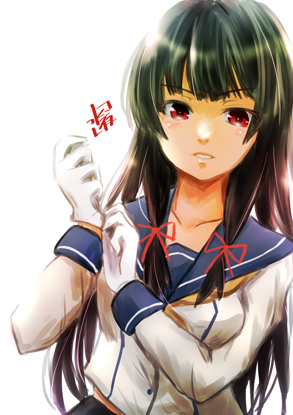 1girl black_hair blue_sailor_collar commentary_request gloves hair_ribbon highres isokaze_(kancolle) kantai_collection long_hair long_sleeves looking_at_viewer mizuya_chiharu neckerchief parted_lips red_eyes ribbon sailor_collar school_uniform serafuku solo tress_ribbon upper_body white_gloves yellow_neckwear