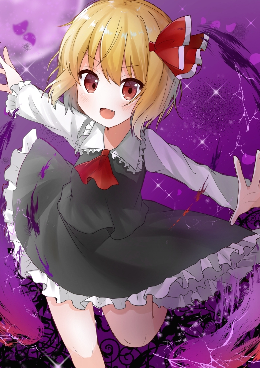 1girl bangs black_skirt black_vest blonde_hair blush collared_shirt commentary cravat doko_ka_no_hosono eyebrows_visible_through_hair fang foot_out_of_frame frilled_shirt_collar frills hair_between_eyes hair_ribbon highres leg_up looking_at_viewer open_mouth outstretched_arms red_eyes red_neckwear red_ribbon ribbon rumia shirt short_hair skirt solo spread_arms touhou vest white_shirt