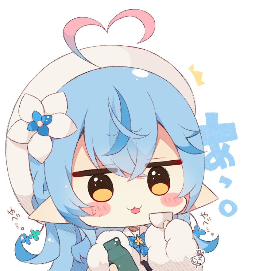 1girl :3 ^^^ ahoge bangs beret blue_bow blue_flower blue_hair blush_stickers bottle bow brown_eyes chibi closed_mouth cup eyebrows_visible_through_hair flower fur-trimmed_sleeves fur_trim hair_between_eyes hair_flower hair_ornament hat heart_ahoge holding holding_bottle holding_cup hololive long_hair long_sleeves multicolored_hair muuran plaid plaid_bow pointy_ears signature simple_background solo streaked_hair sweat tongue tongue_out translation_request upper_body virtual_youtuber white_background white_flower white_headwear yukihana_lamy