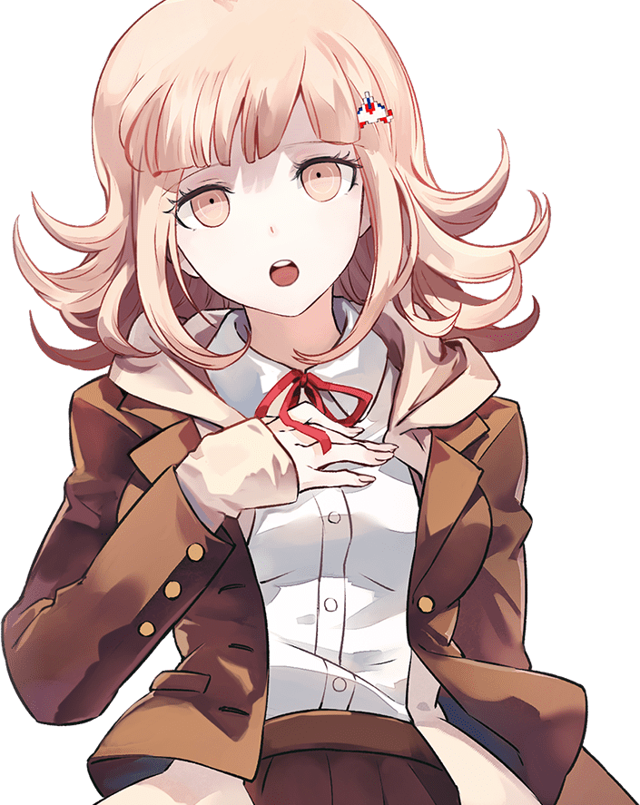 1girl :d bangs breasts brown_eyes brown_hair brown_jacket brown_skirt collared_shirt dangan_ronpa_(series) dangan_ronpa_3_(anime) dress_shirt flipped_hair grey_background hair_ornament hand_on_own_chest hand_up hope's_peak_academy_school_uniform houkai_gakuen_2 jacket large_breasts looking_at_viewer medium_hair nanami_chiaki official_art open_clothes open_jacket open_mouth pleated_skirt red_ribbon ribbon school_uniform shirt shirt_tucked_in skirt smile solo spaceship_hair_ornament transparent_background upper_teeth white_shirt