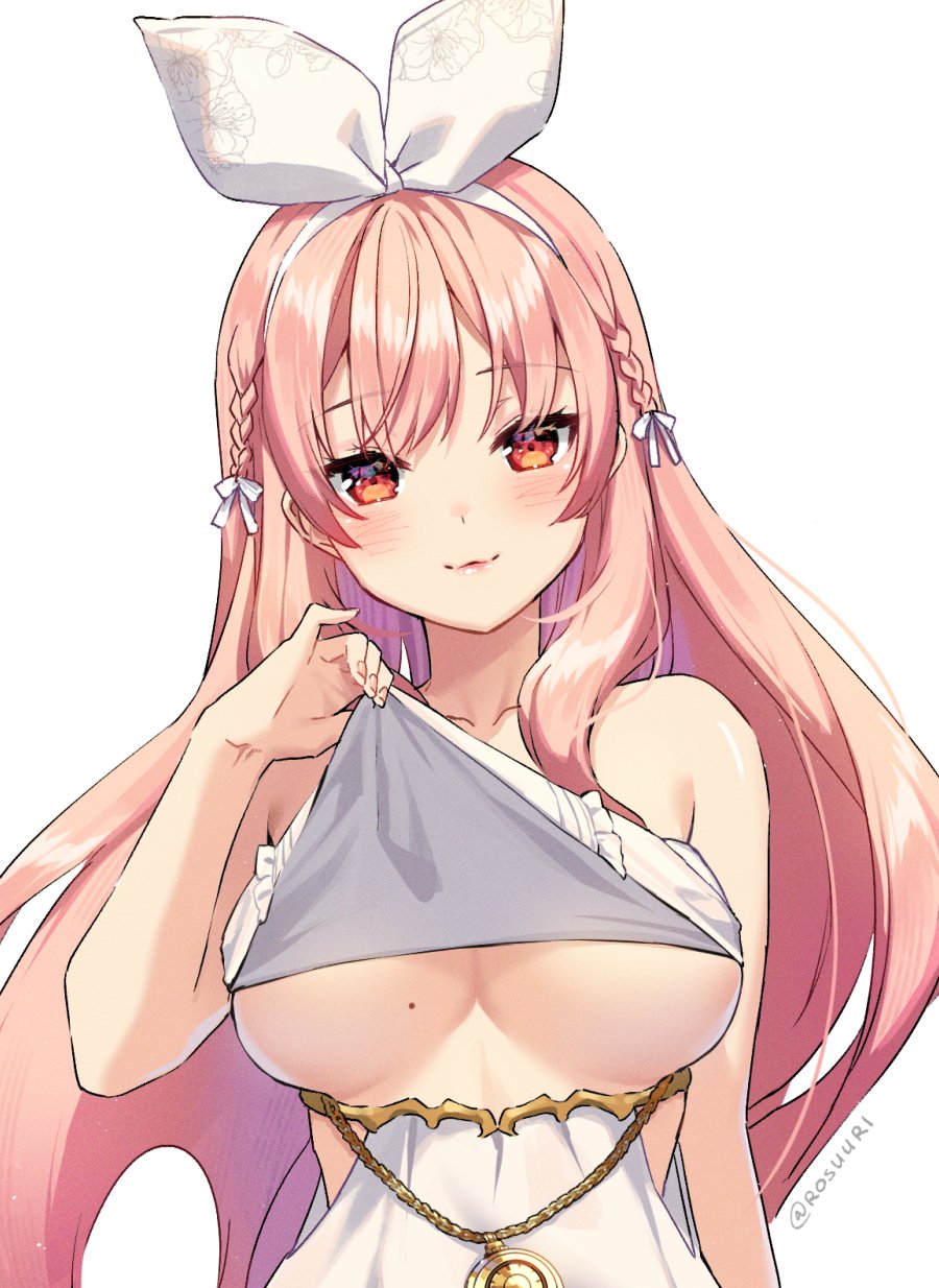 1girl artist_name atelier_live bangs braid breasts dress eyebrows_visible_through_hair hair_ribbon head_tilt highres long_hair mole mole_on_breast pink_hair pinku red_eyes ribbon rosuuri smile solo under_boob virtual_youtuber white_dress white_ribbon