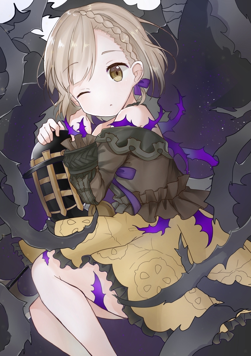 1girl bangs braid briar_rose_(sinoalice) brown_blouse brown_hair commentary_request doko_ka_no_hosono eyebrows_visible_through_hair feet_out_of_frame frilled_skirt frills hair_ribbon highres holding looking_at_viewer off_shoulder one_eye_closed open_mouth platinum_blonde_hair purple_ribbon ribbon short_hair sinoalice skirt solo thorns yellow_skirt