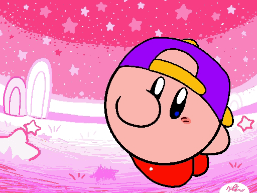 1other :d animated baseball_cap blue_eyes blush_stickers cute dancing hal_laboratory_inc. hat hoshi_no_kirby keke_(kokorokeke) kirby kirby_(series) kirby_(specie) looking_at_viewer male nintendo no_humans open_mouth pink_theme purple_headwear red_theme smile solo spinning star_(symbol) upside-down