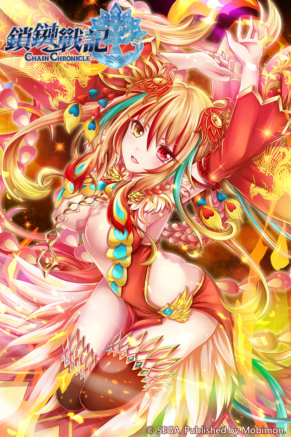 1girl armpits arms_up ass bird_hair_ornament breasts brown_legwear chain_chronicle copyright_name detached_sleeves eyebrows_visible_through_hair gradient_hair hair_ornament heterochromia highres logo looking_at_viewer multicolored_hair official_art omone_chou orange_hair red_eyes solo thighs yellow_eyes