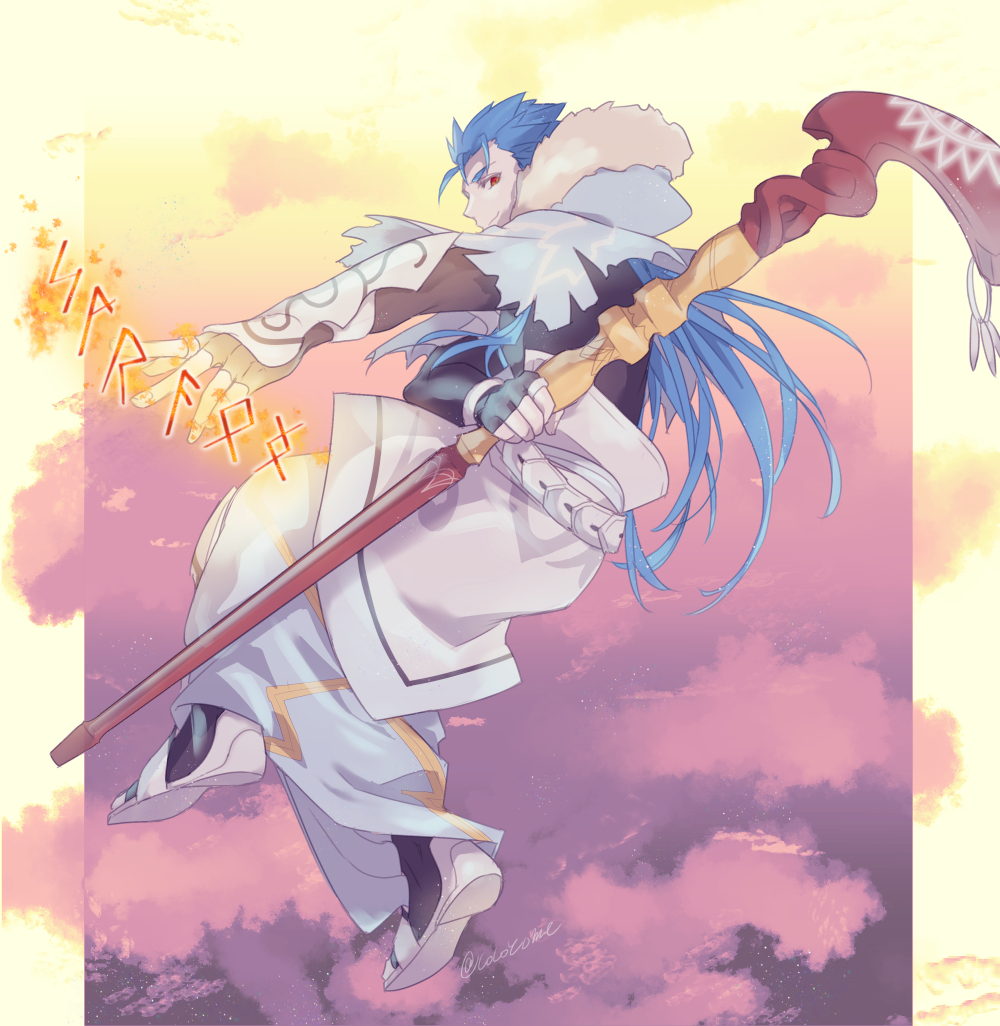 1boy belt blue_hair bracelet capelet casting_spell closed_mouth cocozome crossed_arms cu_chulainn_(caster)_(fate) cu_chulainn_(fate)_(all) fate/grand_order fate_(series) full_body fur-trimmed_hood fur_trim holding holding_staff hood hood_down hooded_capelet jewelry long_hair looking_at_viewer looking_back male_focus red_eyes runes smile solo spiky_hair staff toeless_footwear twitter_username vambraces wooden_staff