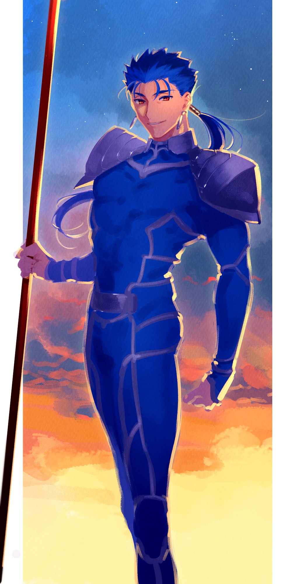 1boy armor beads blue_bodysuit blue_hair bodysuit clouds cu_chulainn_(fate)_(all) cu_chulainn_(fate/stay_night) earrings fate/stay_night fate_(series) floating_hair gae_bolg_(fate) grin hair_beads hair_ornament highres jewelry long_hair male_focus muscular muscular_male pauldrons ponytail red_eyes shoulder_armor skin_tight sky smile solo spiky_hair sunset uni_(nico02)
