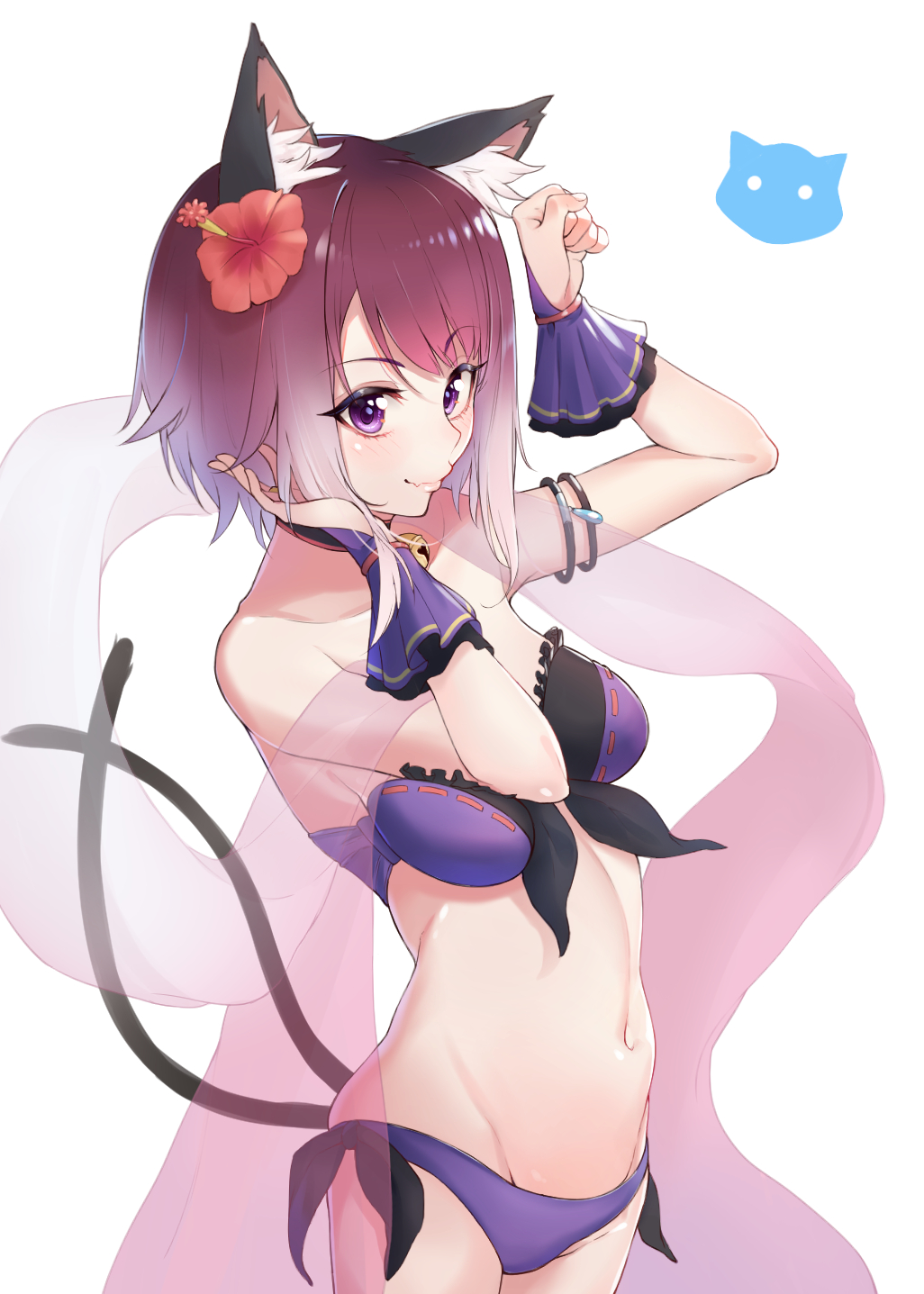 1girl animal_ears bandeau blush breasts cat_ears cat_girl cat_tail highres looking_at_viewer navel princess_connect! purple_hair shimon_(31426784) swimsuit tail tamaki_(princess_connect!) violet_eyes