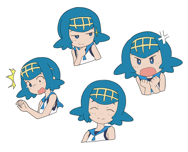 1girl ^^^ anger_vein angry bangs bare_arms blue_hair blue_sailor_collar bright_pupils chin_stroking clenched_hands closed_eyes closed_mouth commentary constricted_pupils expressions freckles hairband hand_up hands_up lana_(pokemon) looking_to_the_side multiple_views no_sclera one-piece_swimsuit open_mouth pokemon pokemon_(game) pokemon_sm sailor_collar shirt short_hair simple_background sleeveless sleeveless_shirt smile sparkle squid_neetommy swimsuit swimsuit_under_clothes trial_captain upper_body white_background white_pupils white_shirt yellow_hairband